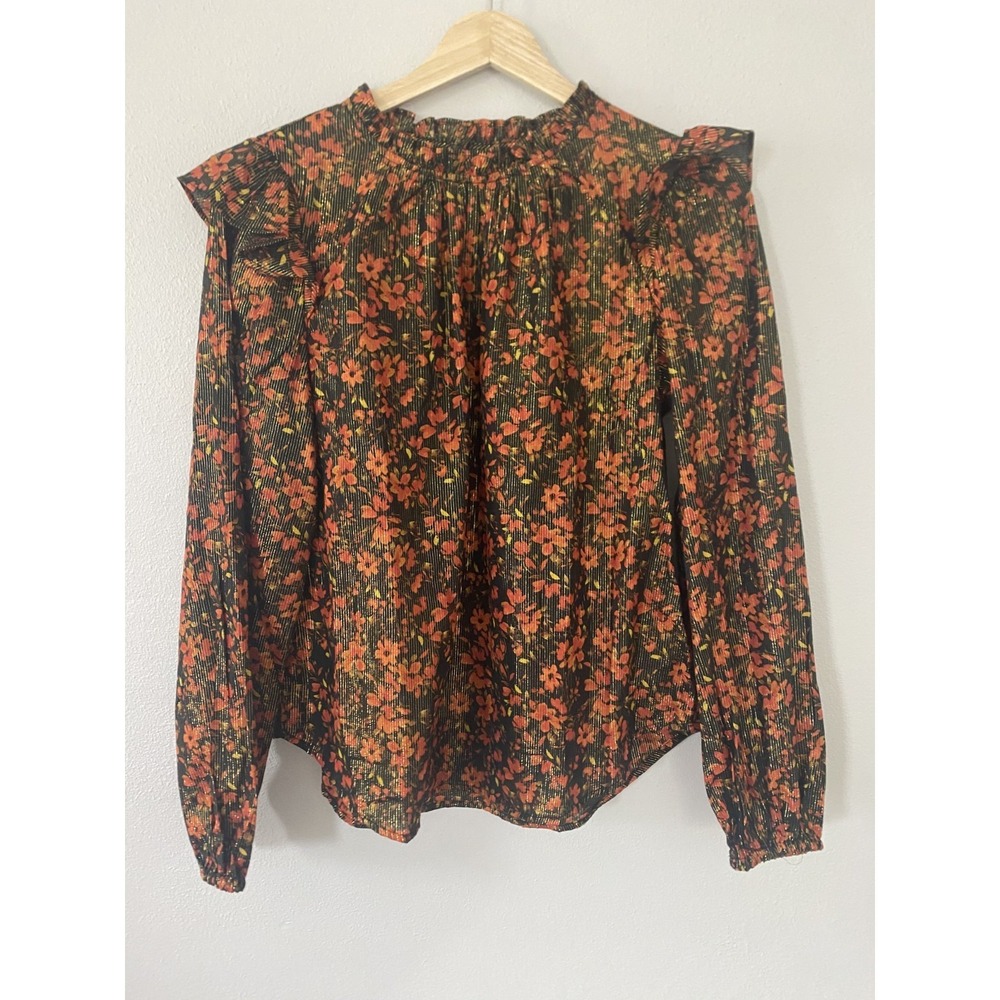 Gap NWT‎ Metallic Floral Orange Black Ruffle Cotton Blouse Women Sz S